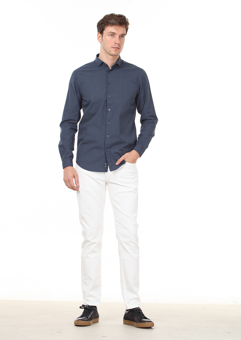 Petrol Düz Slim Fit Uzun Dokuma Casual %100 Pamuk Gömlek - 3