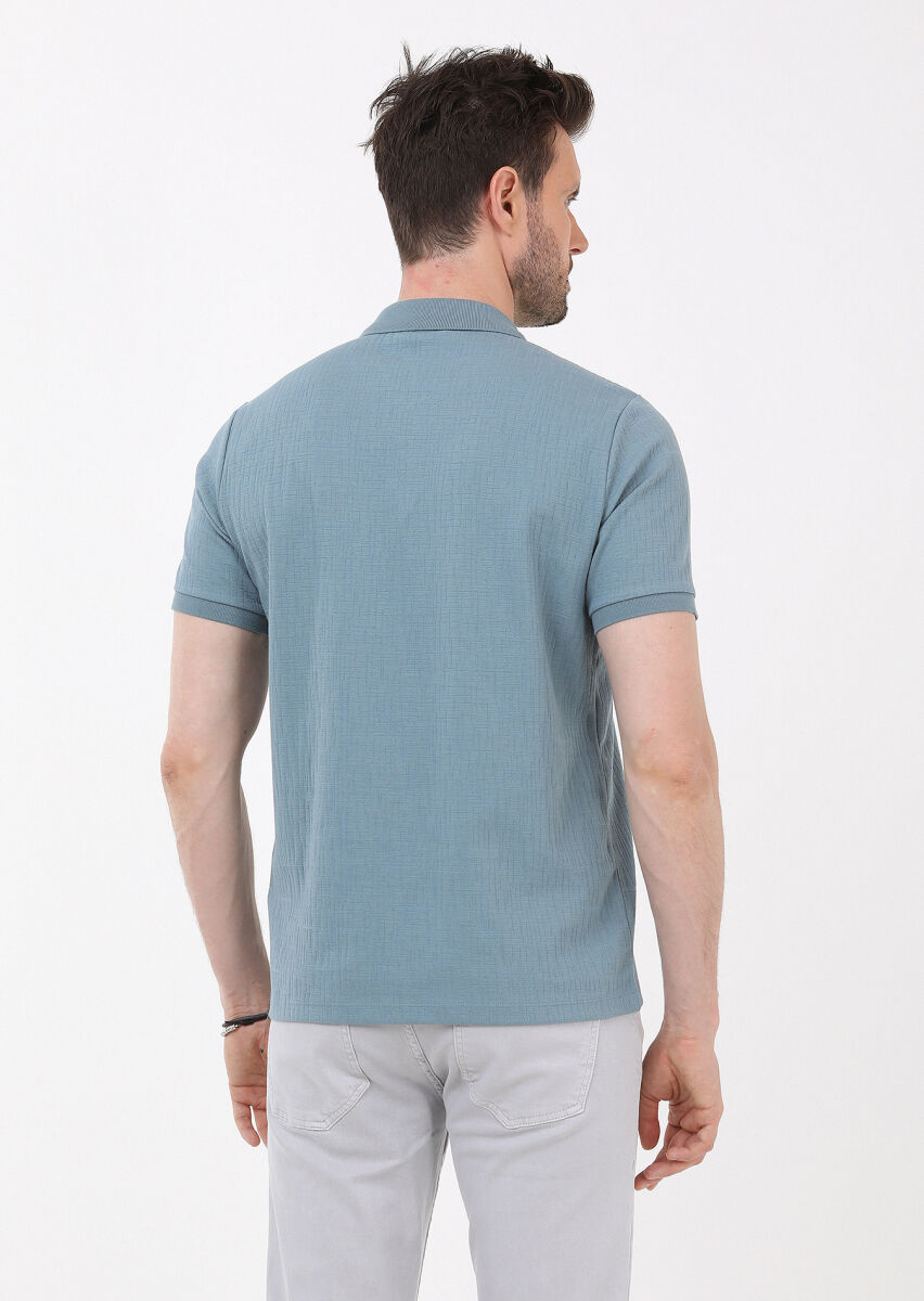 Petrol Jakarlı Polo Yaka Pamuk Karışımlı T-Shirt - 4