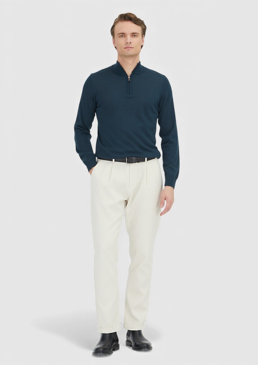 Petrol Yarım Balıkçı Yaka Düz Örgü Yün Karışımlı Triko Kazak 