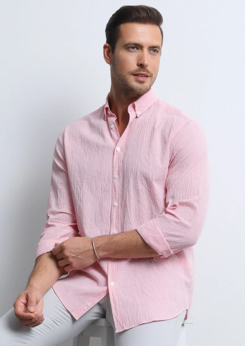 Pink Checkered Regular Fit Weaving Denim Cotton Blended Shirt - 1