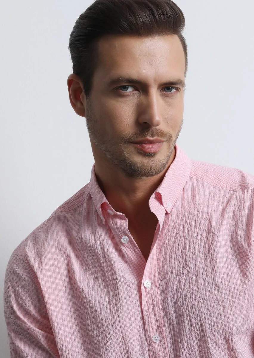 Pink Checkered Regular Fit Weaving Denim Cotton Blended Shirt - 2