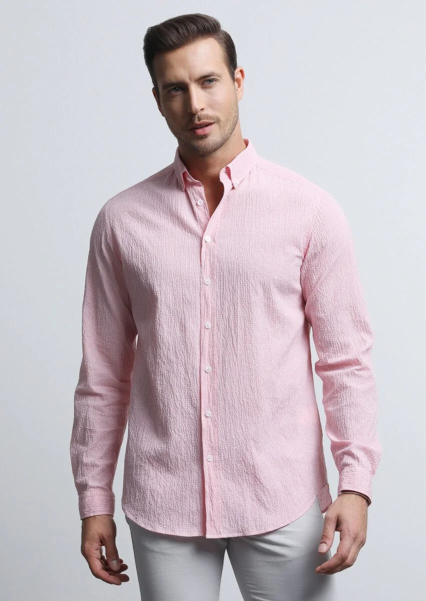 Pink Checkered Regular Fit Weaving Denim Cotton Blended Shirt - 4