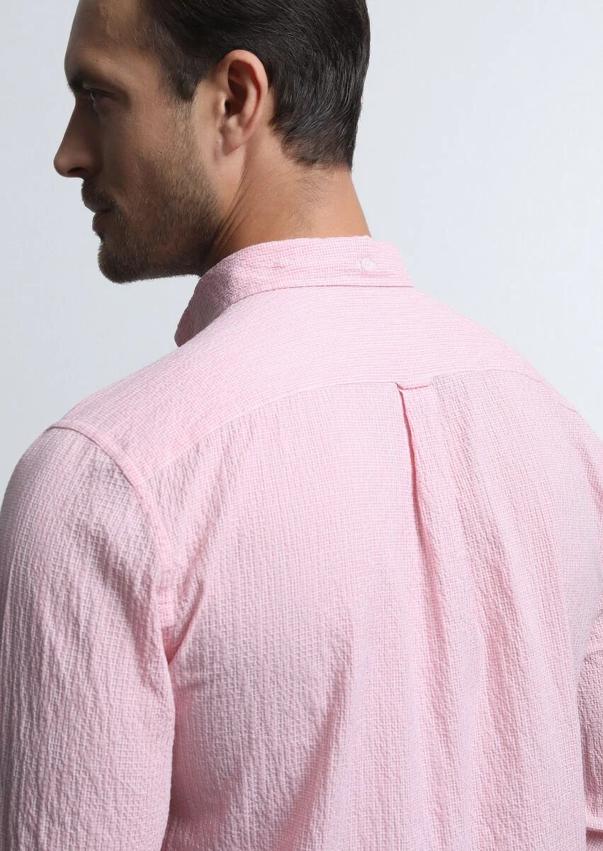Pink Checkered Regular Fit Weaving Denim Cotton Blended Shirt - 5
