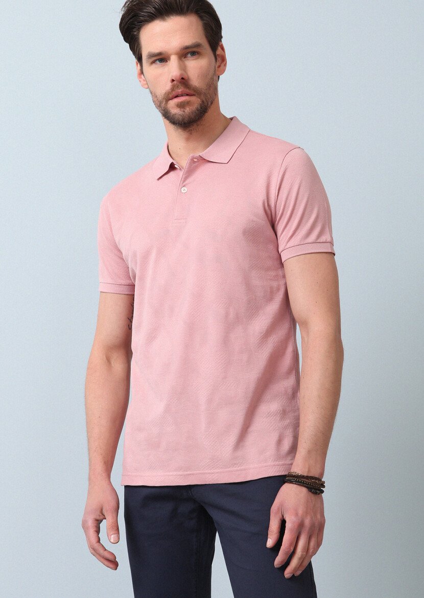 Pink Jacquard Polo Neck 100% Cotton T-Shirt 