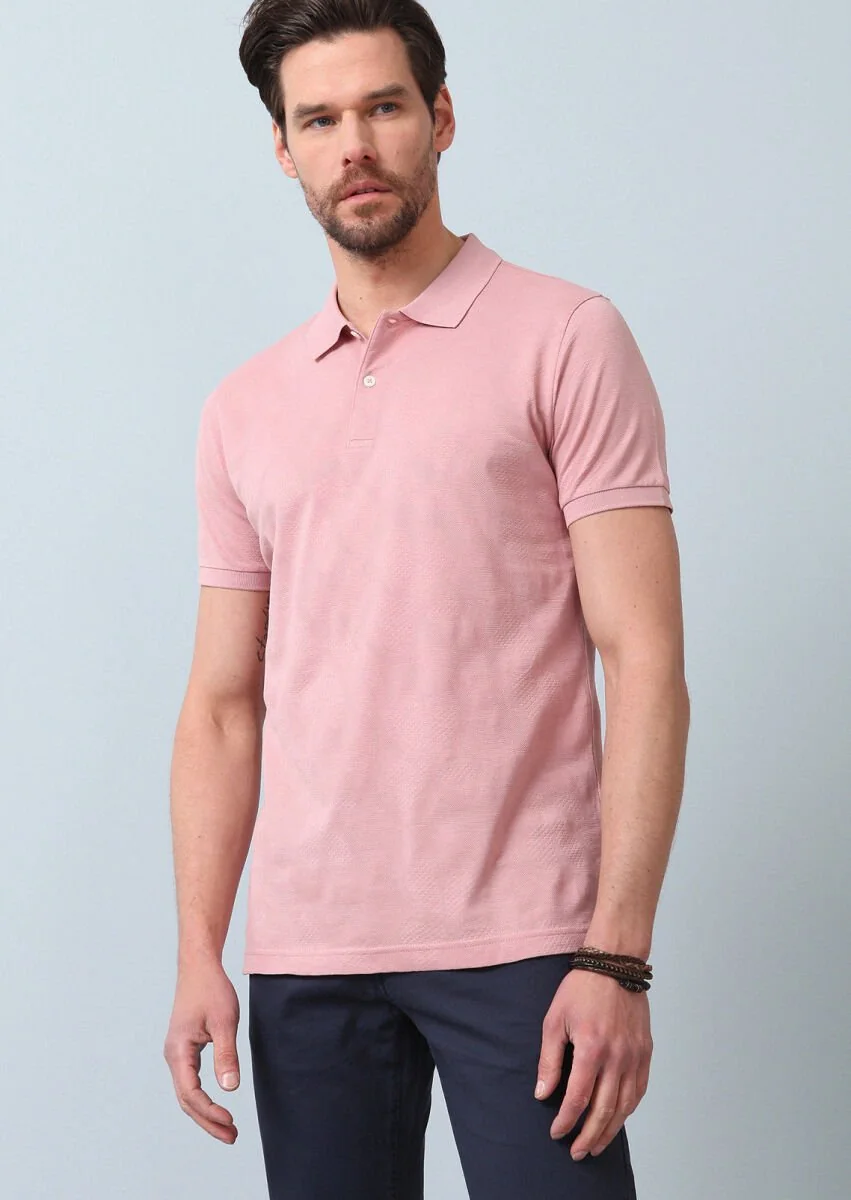Pink Jacquard Polo Neck 100% Cotton T-Shirt - 2