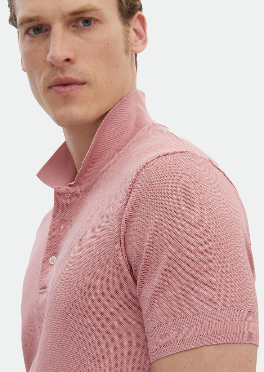 Pink Jacquard Polo Neck 100% Cotton T-Shirt - 4