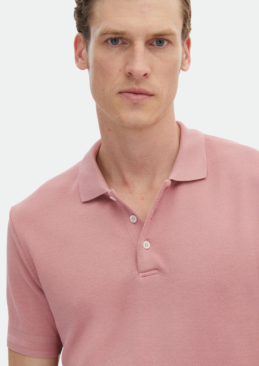 Pink Jacquard Polo Neck 100% Cotton T-Shirt - 5