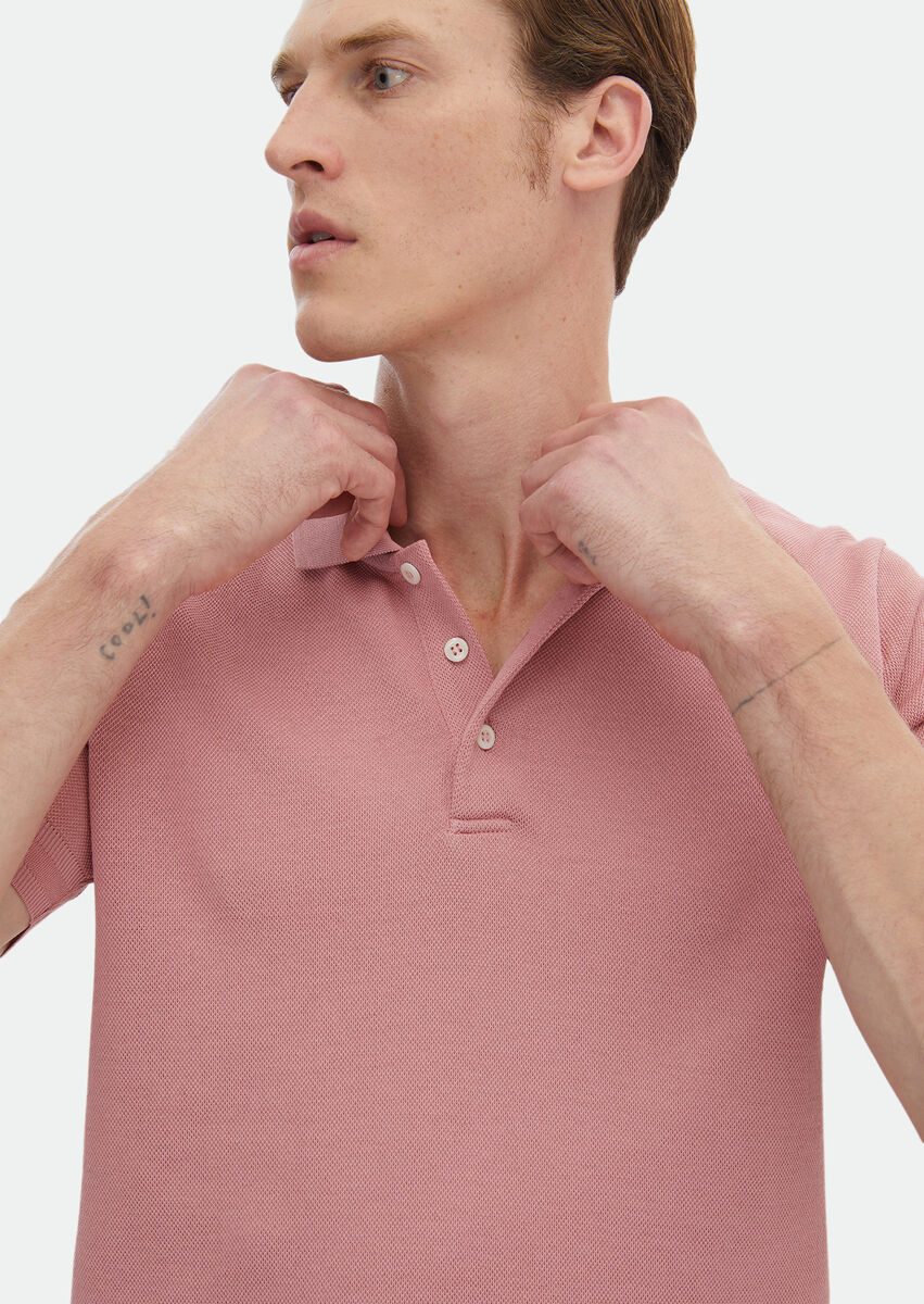 Pink Jacquard Polo Neck 100% Cotton T-Shirt - 6