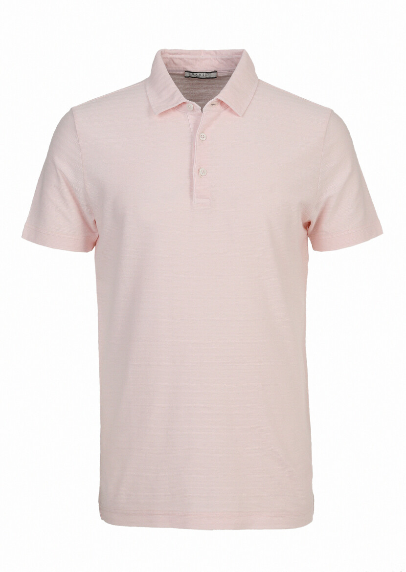 Pink Jacquard Polo Neck Cotton Blended T-Shirt 