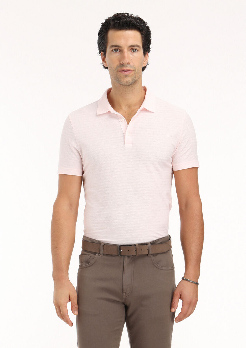 Pink Jacquard Polo Neck Cotton Blended T-Shirt - 3