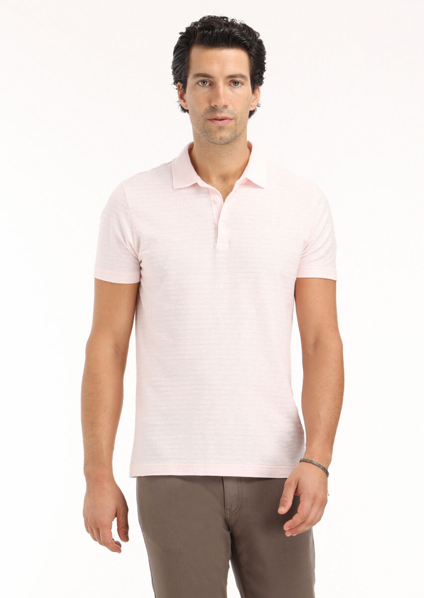 Pink Jacquard Polo Neck Cotton Blended T-Shirt - 2