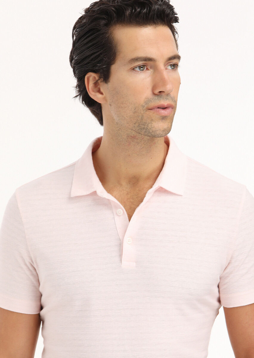 Pink Jacquard Polo Neck Cotton Blended T-Shirt - 4