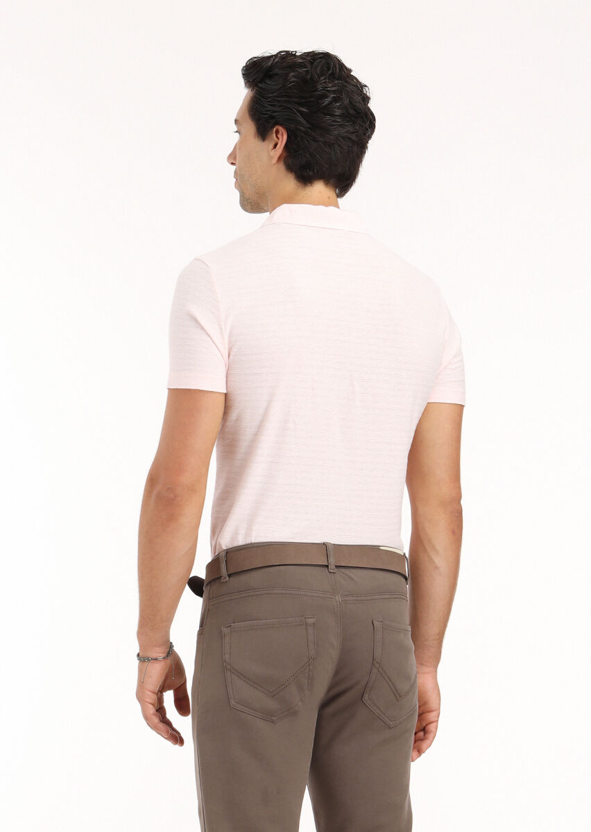 Pink Jacquard Polo Neck Cotton Blended T-Shirt - 5