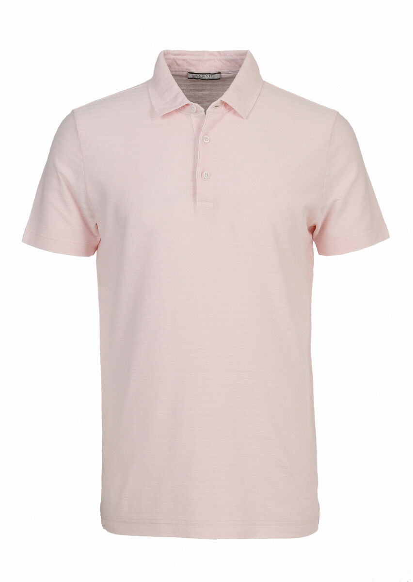 Pink Jacquard Polo Neck Cotton Blended T-Shirt - 6