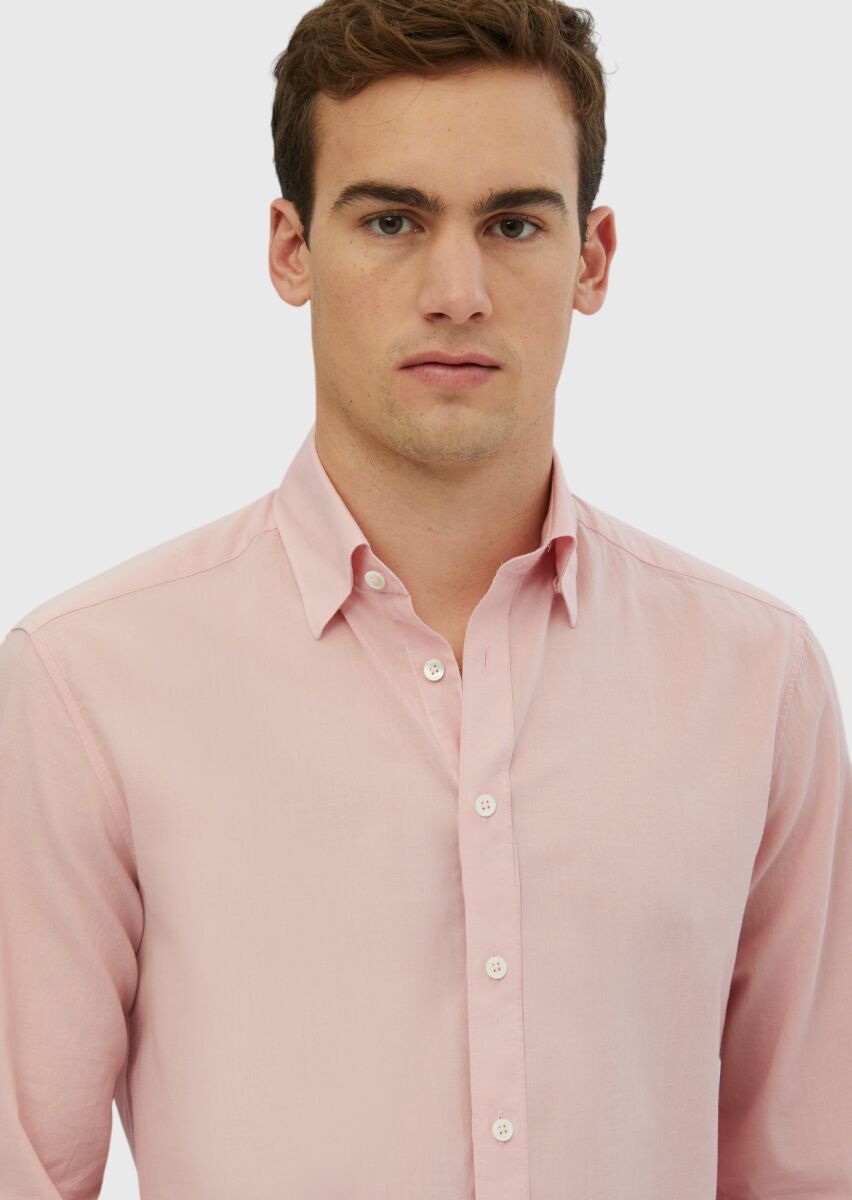 Pink Plain Casual Fit Long Weaving Casual 100% Cotton Shirt - 4