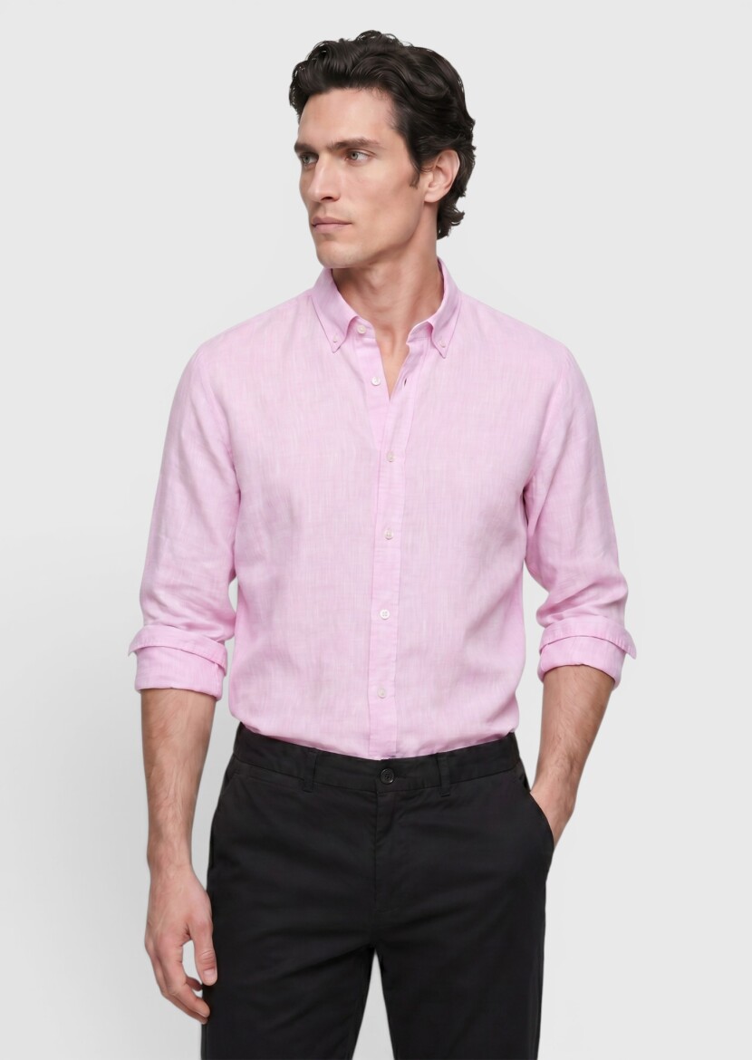 Pink Plain Casual Fit Long Weaving Casual 100% Linen Shirt - RAMSEY