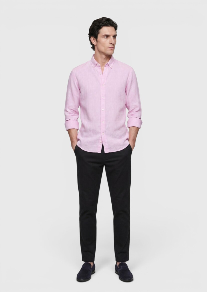 Pink Plain Casual Fit Long Weaving Casual 100% Linen Shirt - RAMSEY