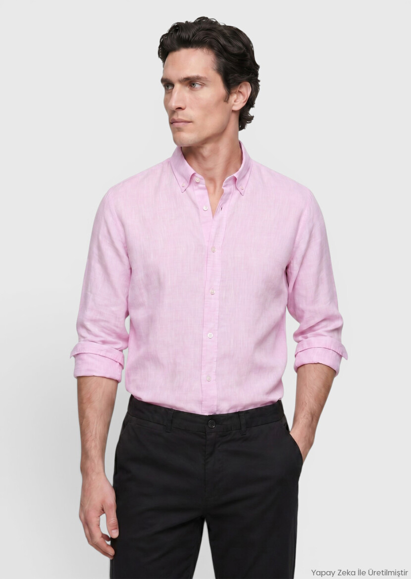 Pink Plain Casual Fit Long Weaving Casual 100% Linen Shirt 