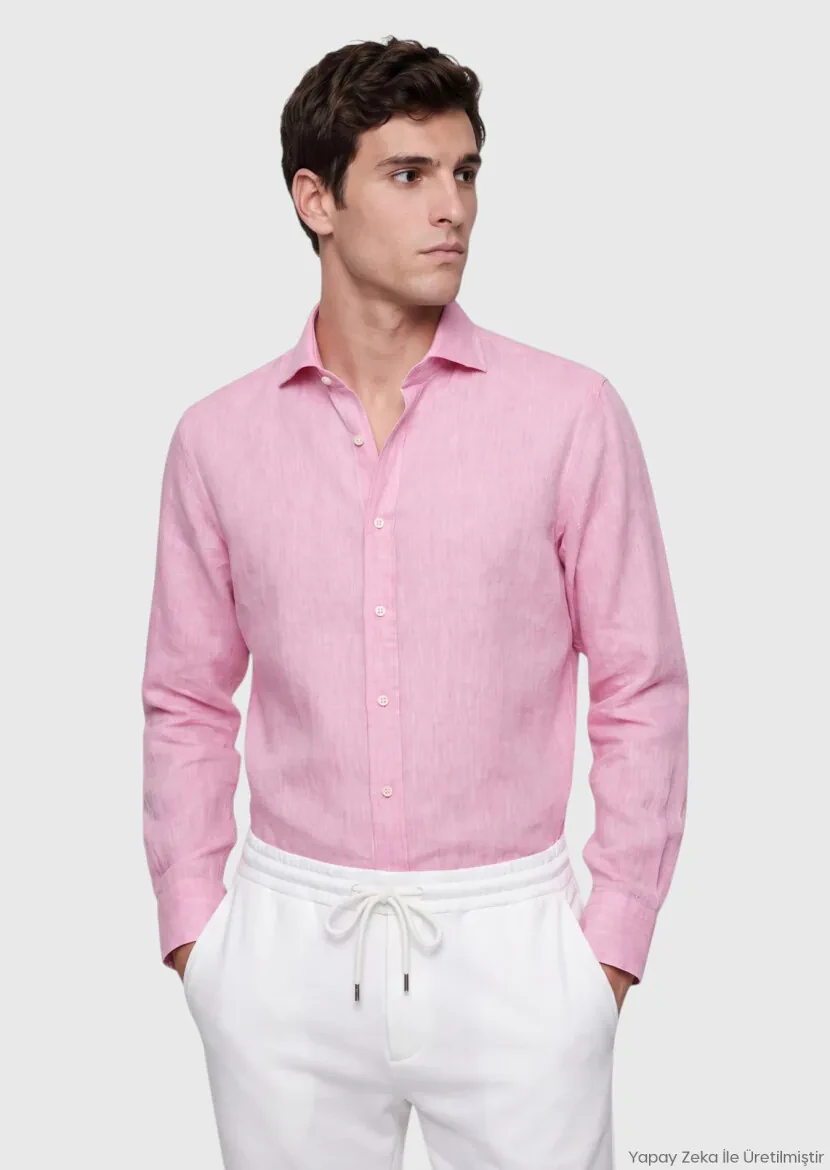 Pink Plain Casual Fit Long Weaving Casual 100% Linen Shirt - RAMSEY