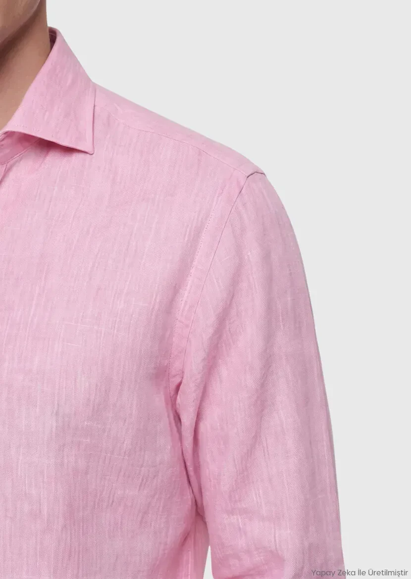 Pink Plain Casual Fit Long Weaving Casual 100% Linen Shirt - RAMSEY