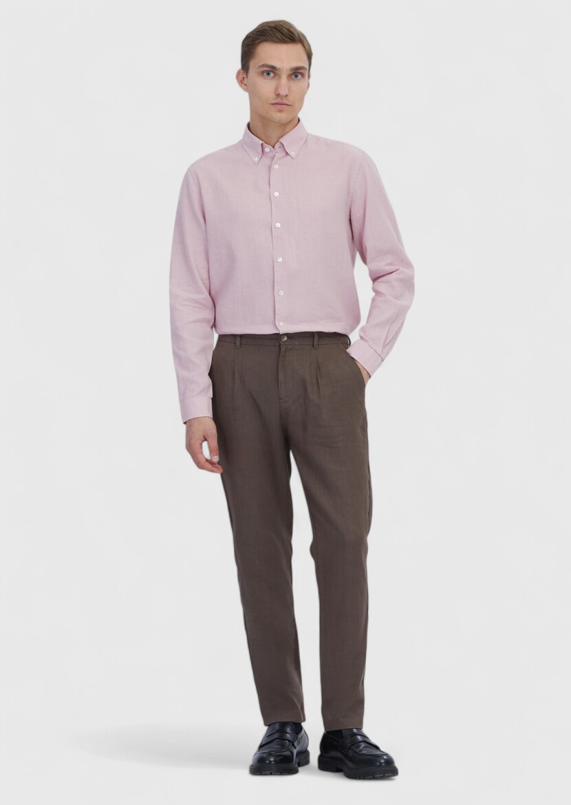 Pink Plain Casual Fit Long Weaving Casual Cotton Blended Shirt 