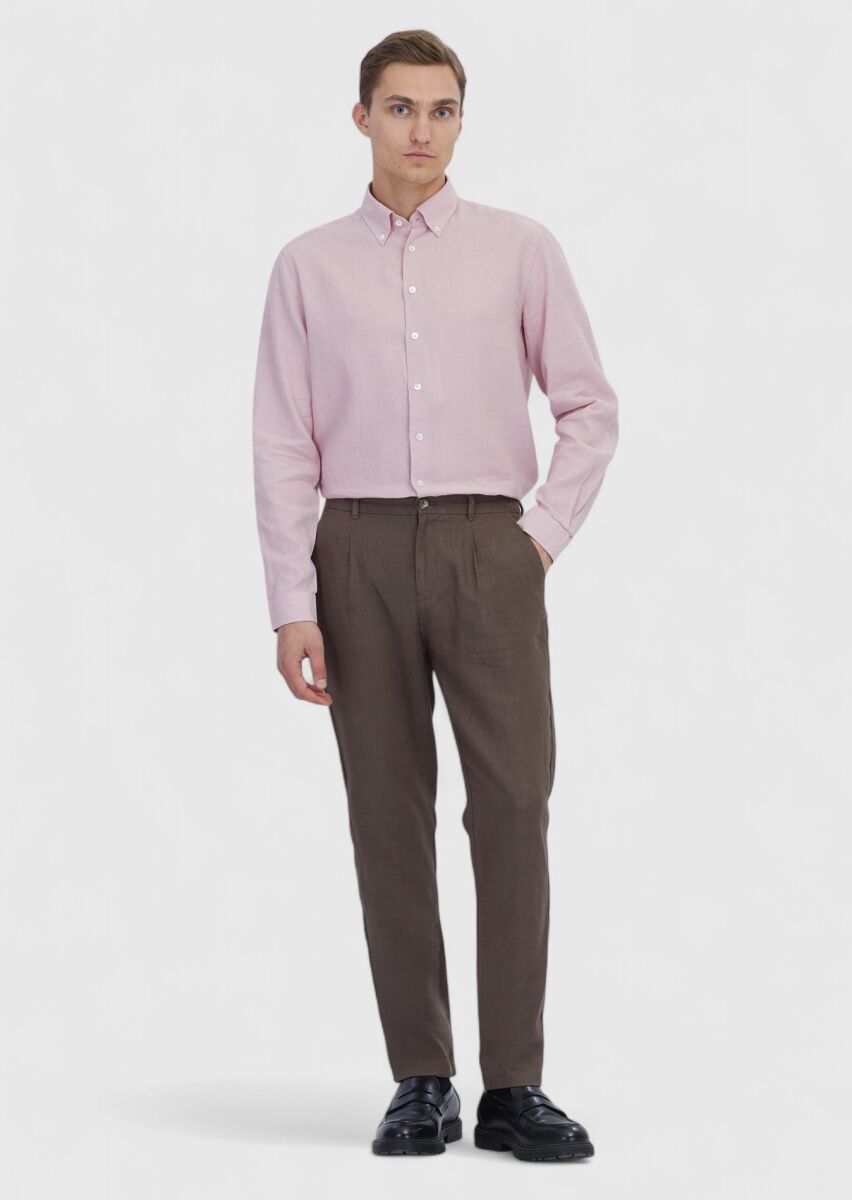 Pink Plain Casual Fit Long Weaving Casual Cotton Blended Shirt - 2