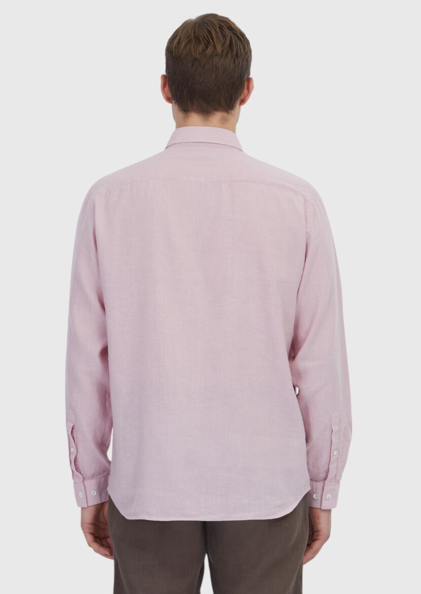 Pink Plain Casual Fit Long Weaving Casual Cotton Blended Shirt - 5