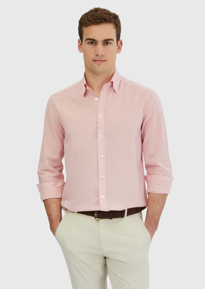 Pink Plain Casual Fit Weaving Casual 100% Cotton Shirt - 3