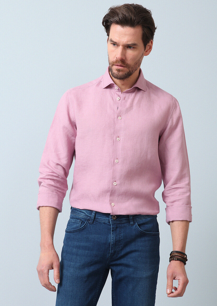 Pink Plain Regular Fit Long Weaving Casual 100% Linen Shirt - 3