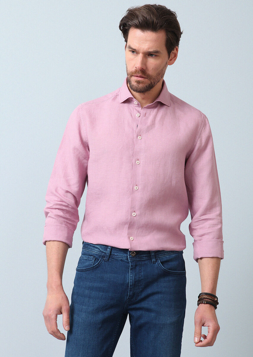 Pink Plain Regular Fit Long Weaving Casual 100% Linen Shirt - 3