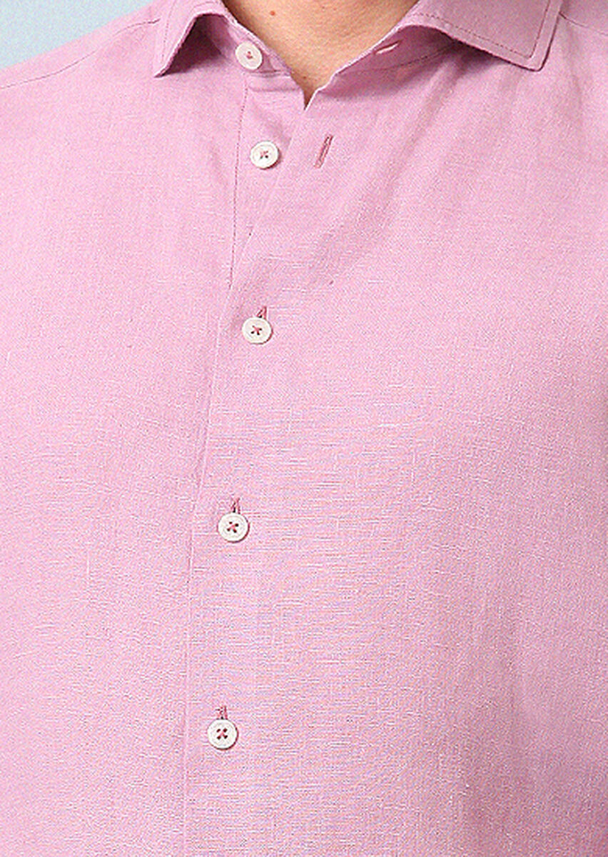 Pink Plain Regular Fit Long Weaving Casual 100% Linen Shirt - 4