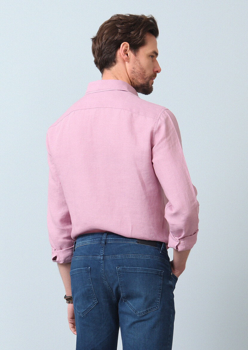 Pink Plain Regular Fit Long Weaving Casual 100% Linen Shirt - 6