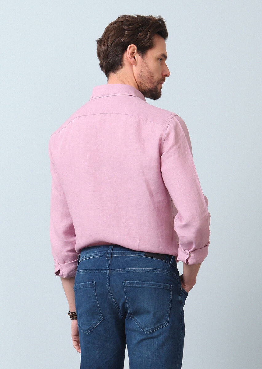 Pink Plain Regular Fit Long Weaving Casual 100% Linen Shirt - 6