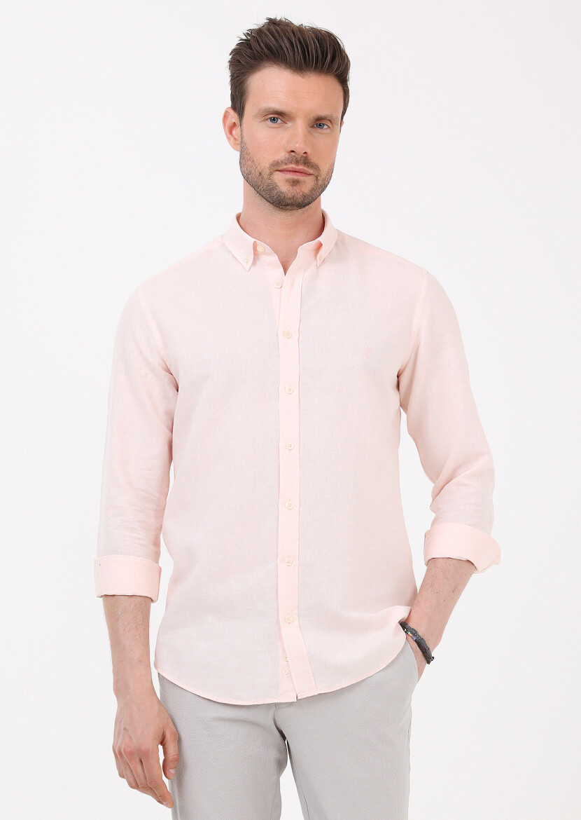 Pink Plain Regular Fit Long Weaving Casual Cotton Blended Shirt - 1