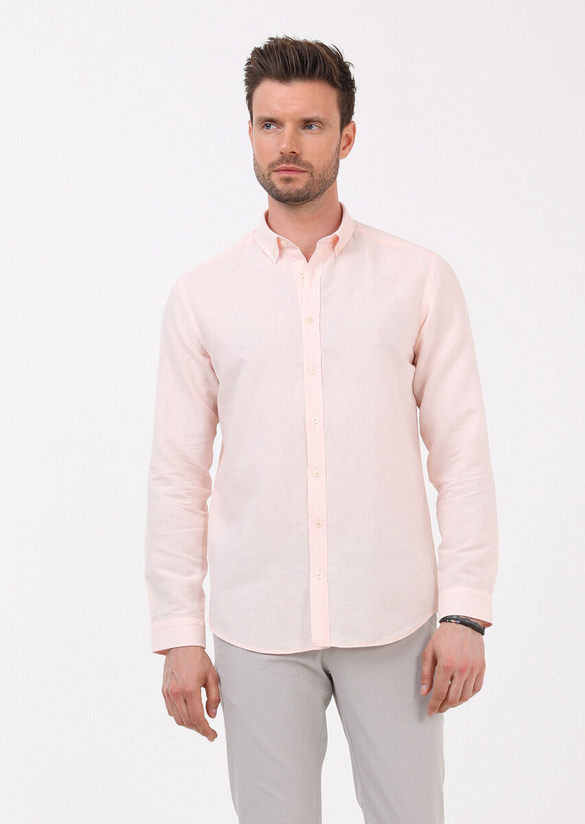 Pink Plain Regular Fit Long Weaving Casual Cotton Blended Shirt - 2