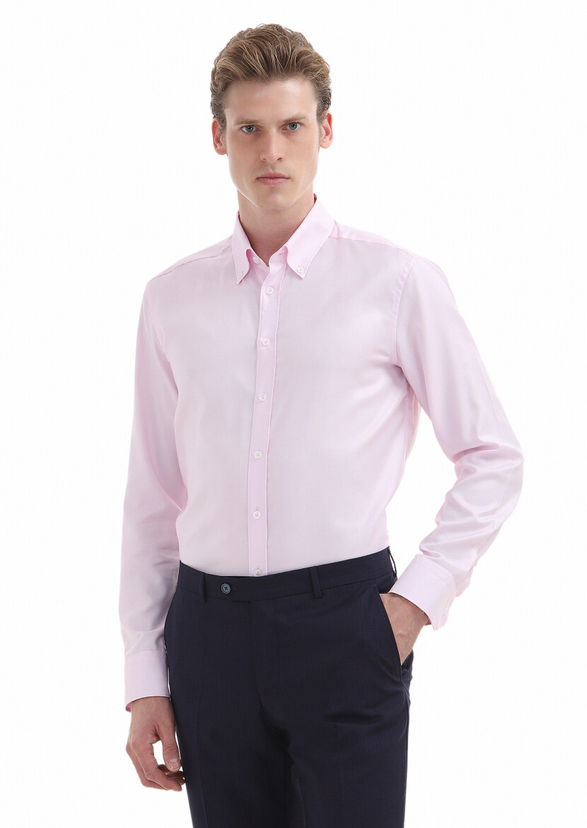 Pink Plain Regular Fit Long Weaving Classical 100% Cotton Shirt - 2