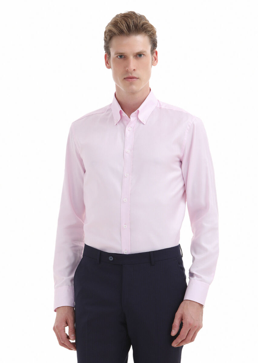 Pink Plain Regular Fit Long Weaving Classical 100% Cotton Shirt - 3