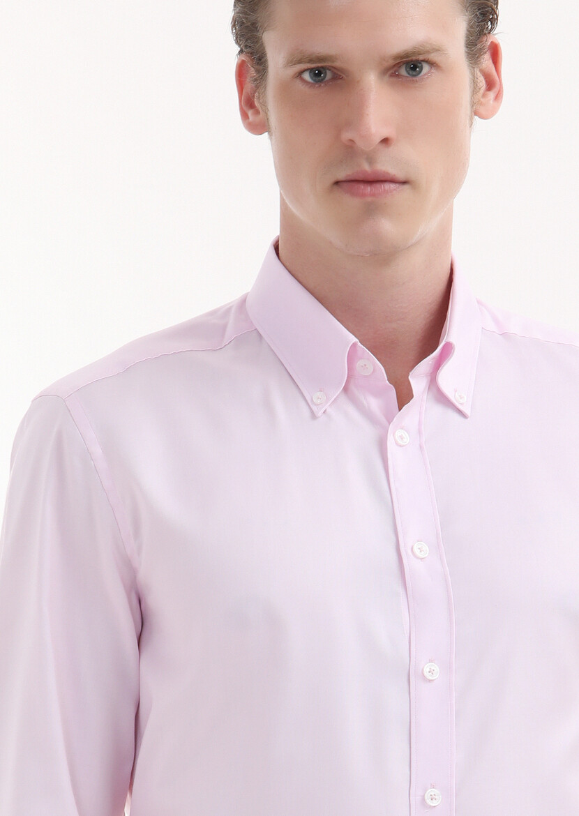 Pink Plain Regular Fit Long Weaving Classical 100% Cotton Shirt - 4