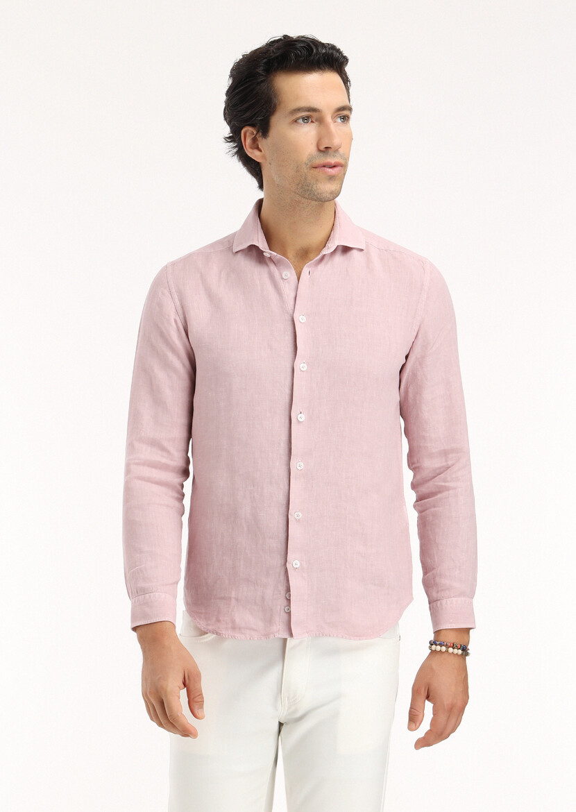 Pink Plain Regular Fit Weaving Casual Cotton Blended Shirt - 2