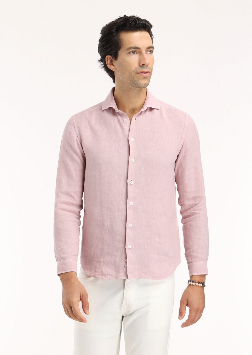 Pink Plain Regular Fit Weaving Casual Cotton Blended Shirt - 2