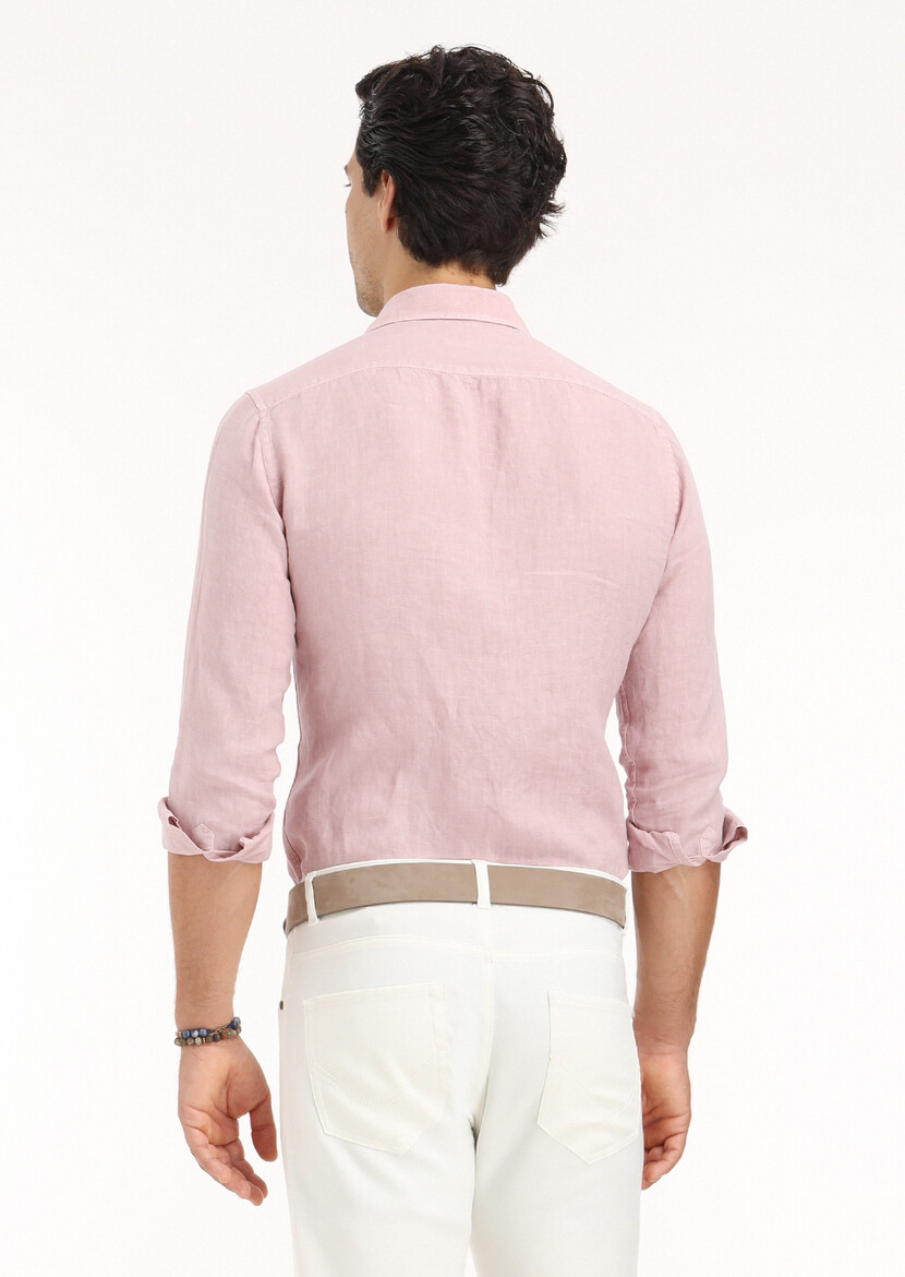 Pink Plain Regular Fit Weaving Casual Cotton Blended Shirt - 5