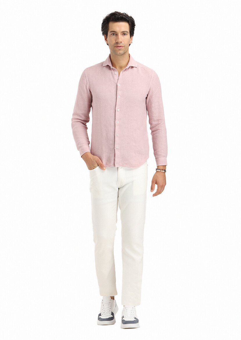 Pink Plain Regular Fit Weaving Casual Cotton Blended Shirt 