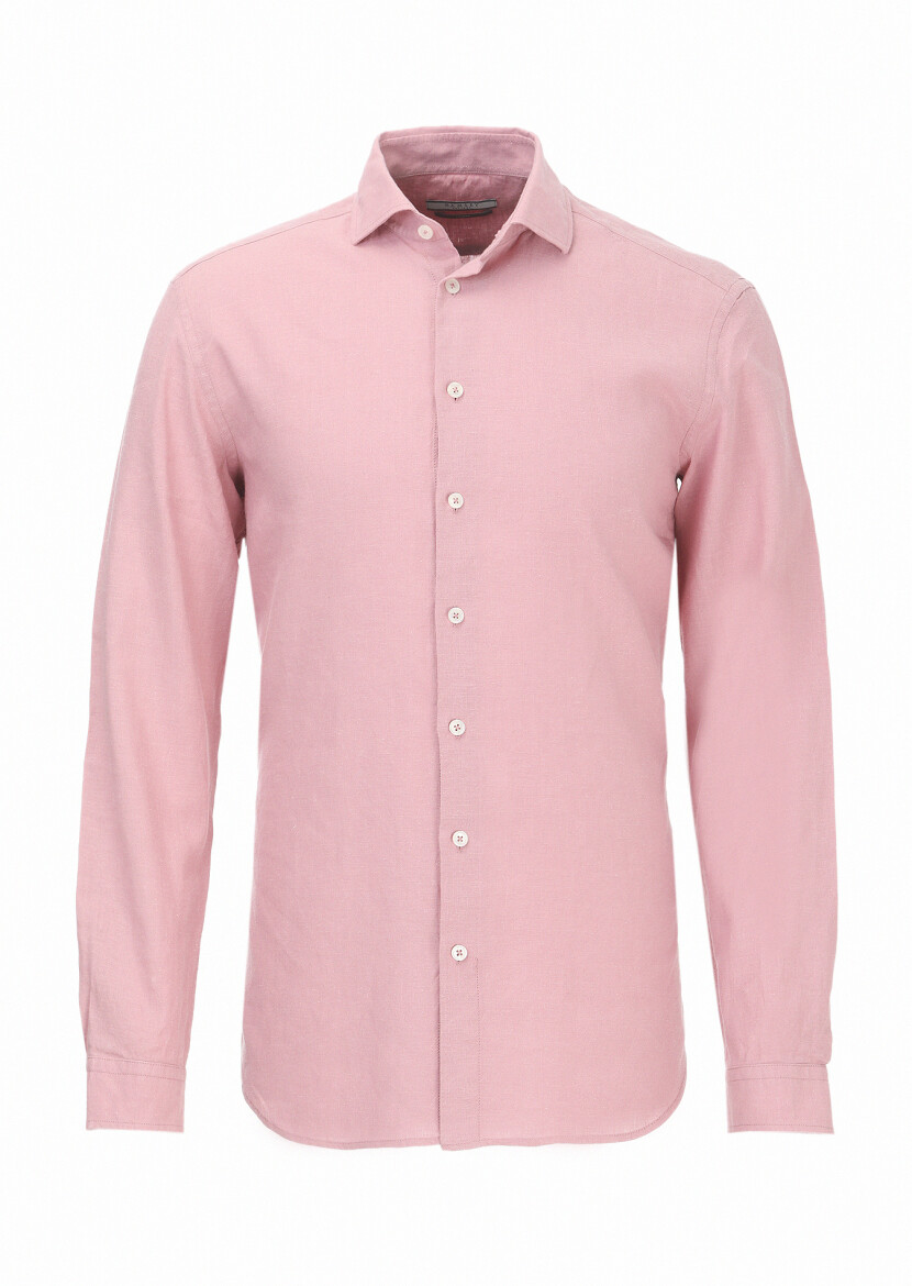 Pink Plain Regular Fit Weaving Casual Cotton Blended Shirt - 6