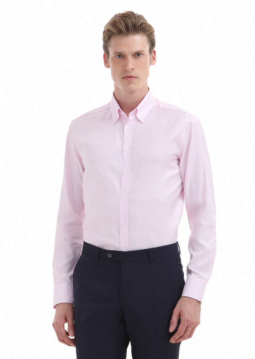 Pink Plain Regular Fit Weaving Classical 100% Cotton Shirt - 3