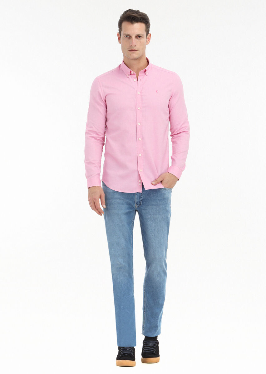 Pink Plain Slim Fit Long Weaving Casual 100% Cotton Shirt - 1