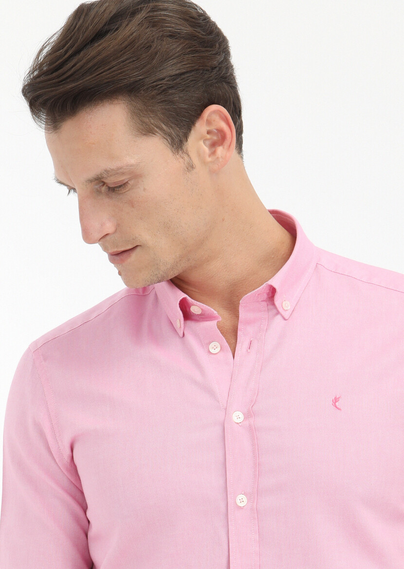 Pink Plain Slim Fit Long Weaving Casual 100% Cotton Shirt 