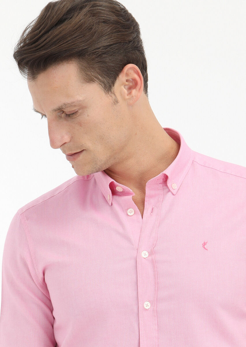 Pink Plain Slim Fit Long Weaving Casual 100% Cotton Shirt - 2