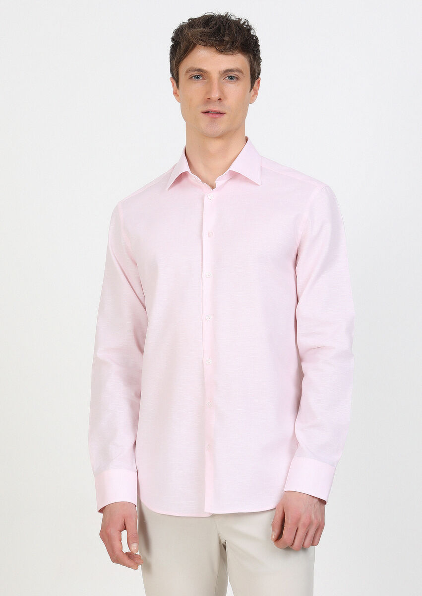 Pink Regular Fit Weaving Classical Cotton Blended Shirt - 1