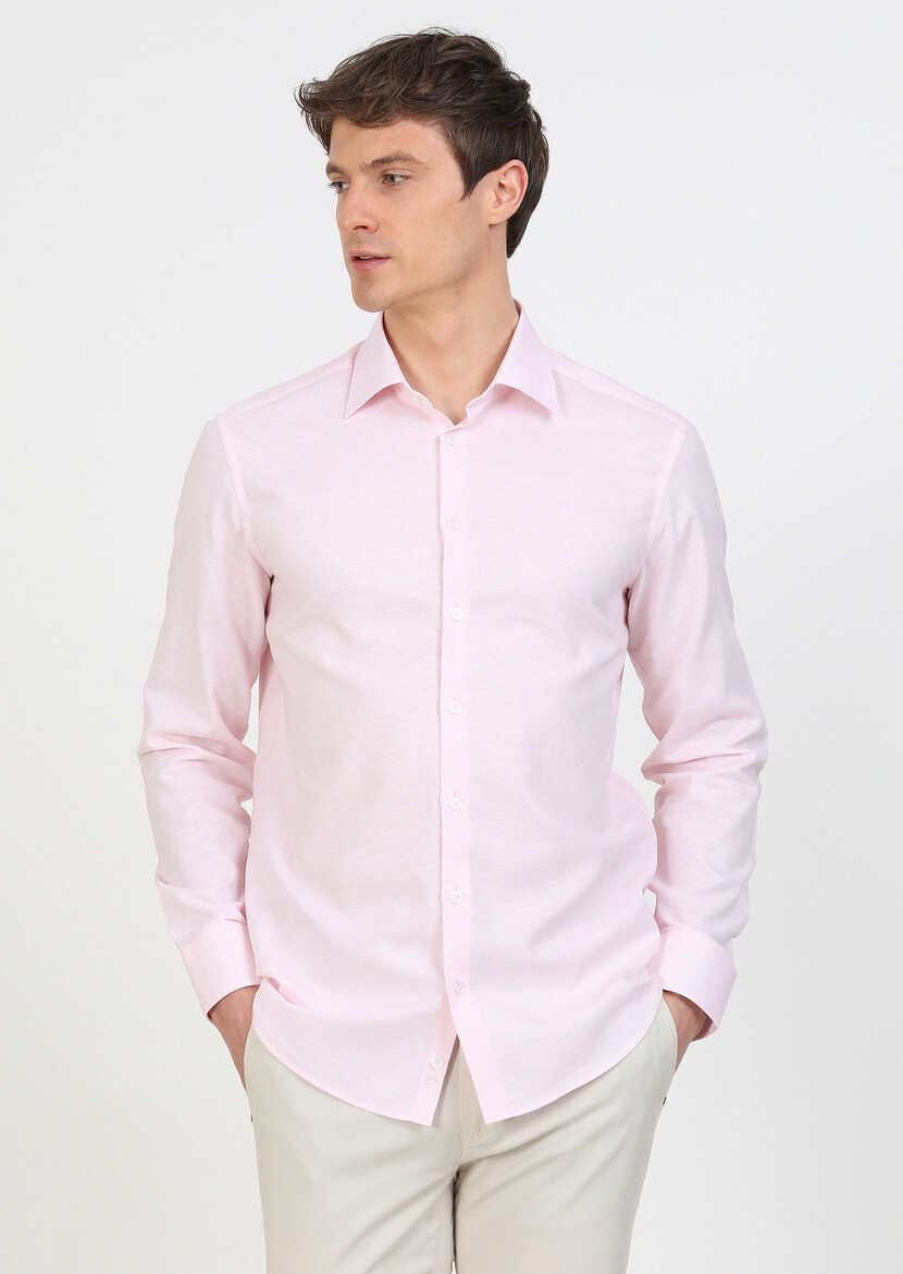 Pink Regular Fit Weaving Classical Cotton Blended Shirt - 2