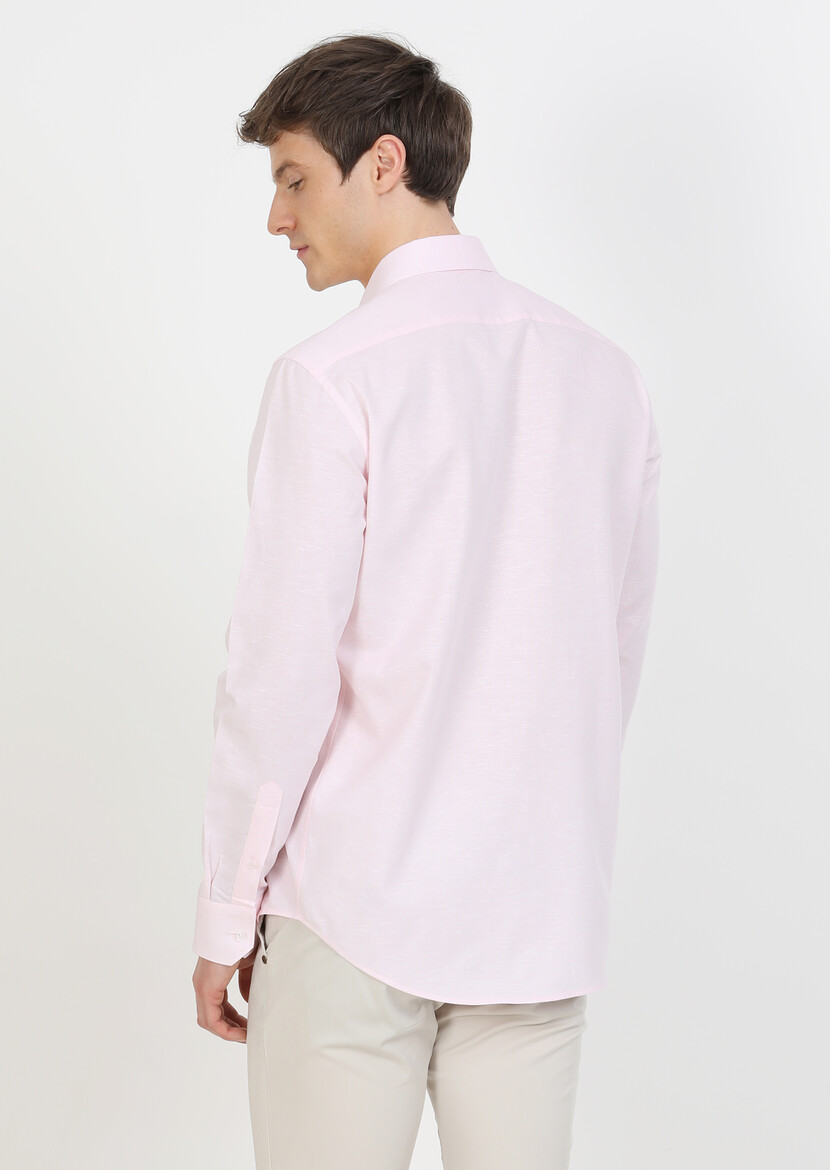 Pink Regular Fit Weaving Classical Cotton Blended Shirt - 4